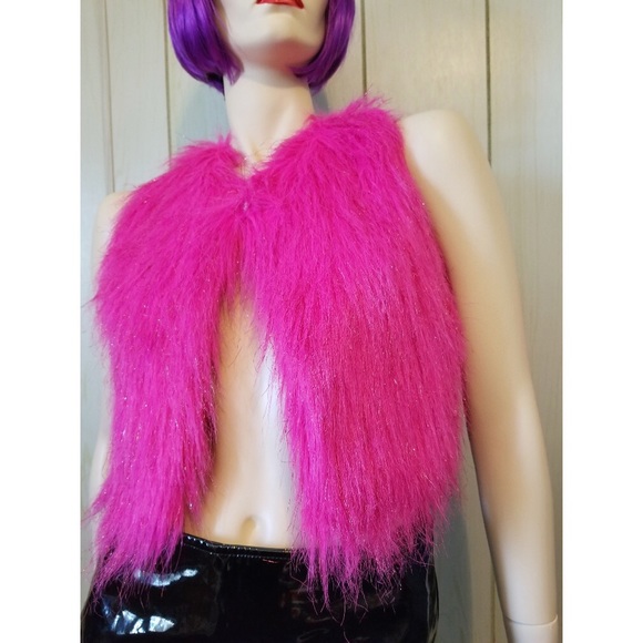 DREAMWORKS Trolls Shimmery Hot Neon Pink Monster Fur Cropped Vest Top - Picture 2 of 10